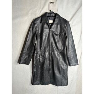 Michael Lawrence Womens Black Leather Trench Coat Full Zip Jacket XL
